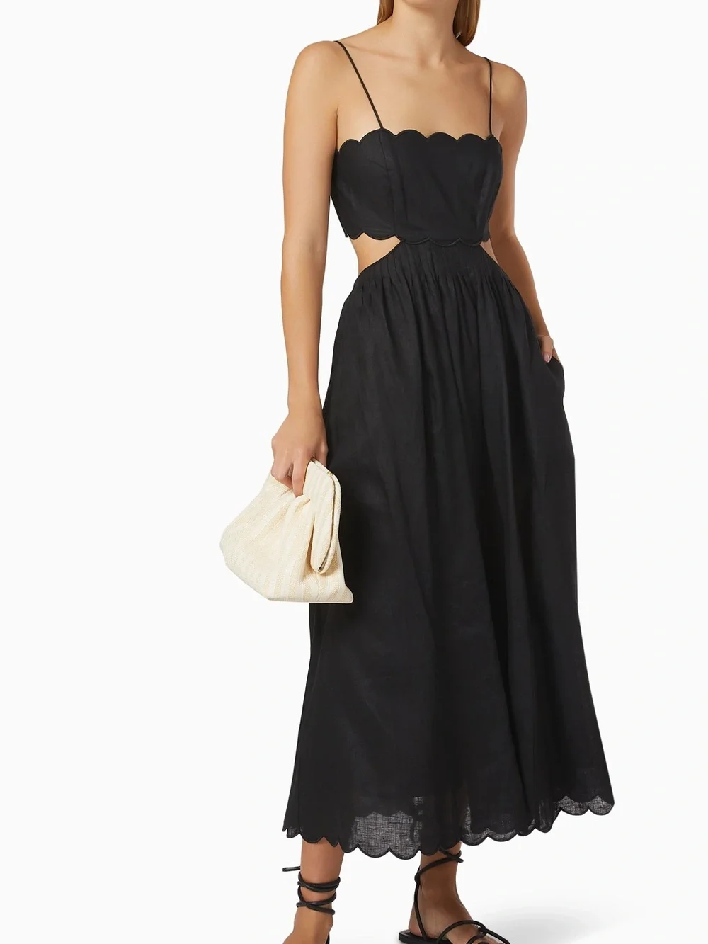 Zimmermann Petite Jude Scallop Midi Dress Black Linen Lace Up Back Vacation 0P - Picture 2 of 16